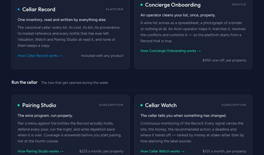 The Aivin product suite: Cellar Record, Concierge Onboarding, Pairing Studio and Cellar Watch