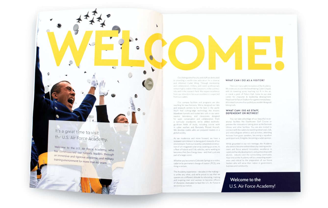 The Air Force Academy recruiting viewbook, redesigned inside the new brand system