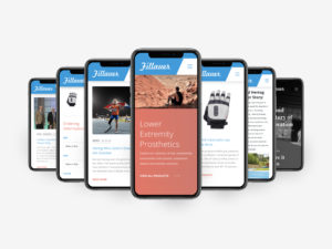 Fillauer mobile responsive website displayed in 7 iPhones