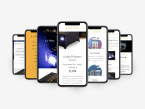 Luxedo mobile responsive website displayed on 7 iPhones