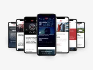 QTS mobile responsive website displayed on 7 iPhones