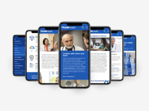 TeamHealth mobile responsive website displayed on 7 iPhones