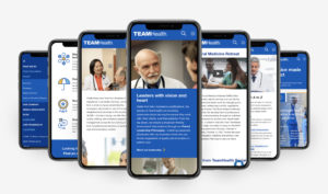 TeamHealth mobile responsive website displayed on 7 iPhones