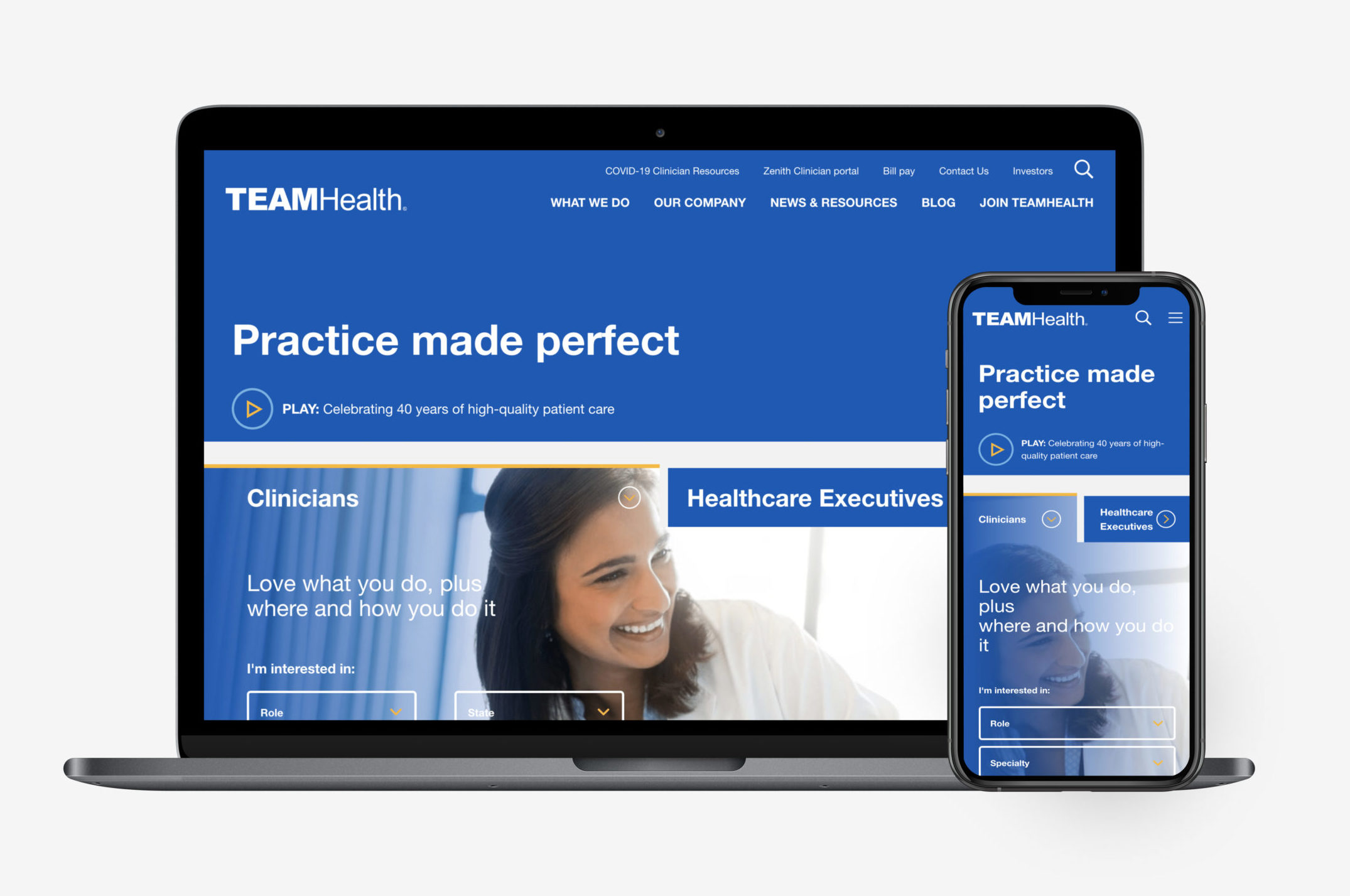 TeamHealth website displayed on laptop and iPhone
